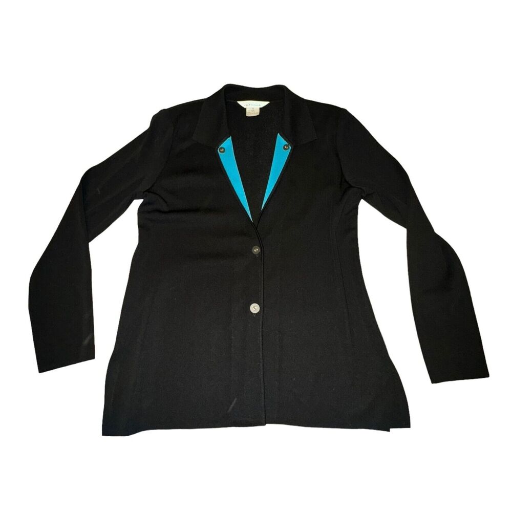 Exclusively Misook Cardigan Womens Size S Black Blue 1 Button Contrasting Collar